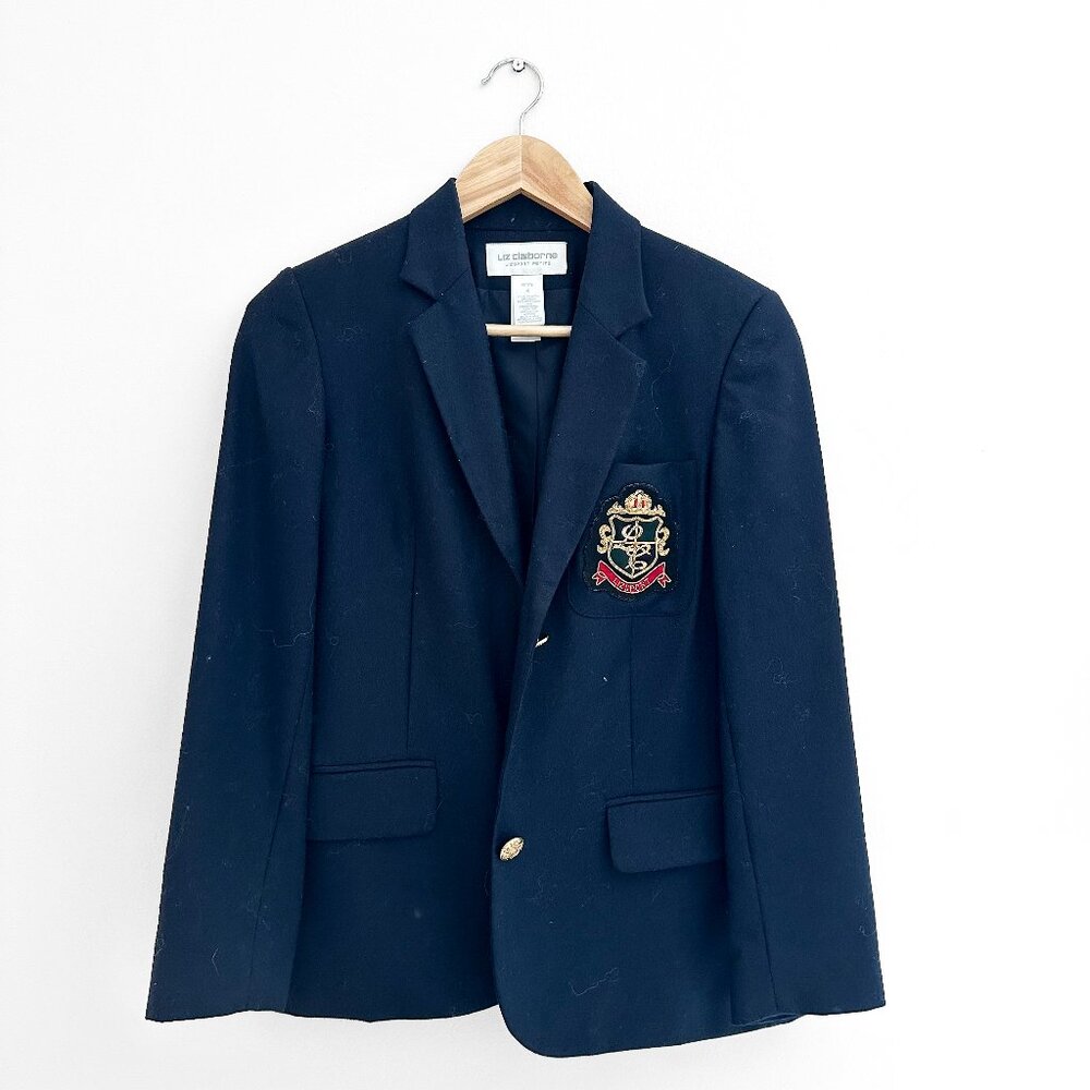 Liz Claiborne Lizsport Petite Wool Navy Blazer with Preppy Pocket Emblem